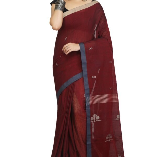 Women's Pure Finest Quality Resham Muslin Saree Maroon with Woven Floral Motifs | Soft Lightweight Handloom Style Traditional Saree for Festival Party Office Wear | 5.4 Meter