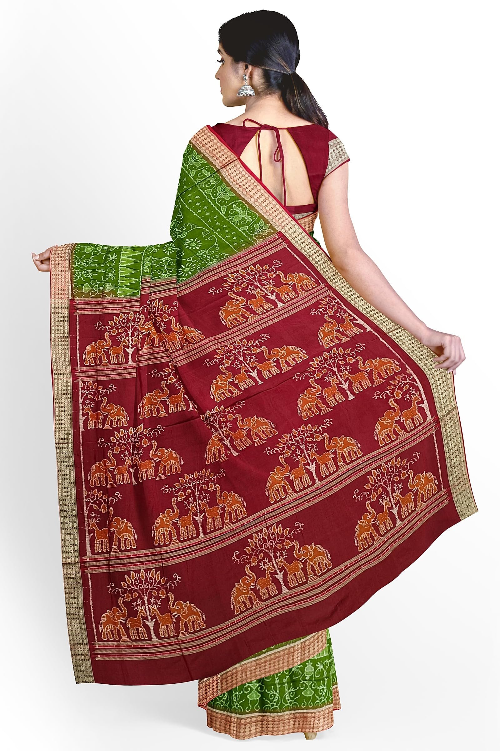 Women Sambalpuri Silk Saree With Blouse Piece, Floral Design, Mehendi Green Base, Maroonish Red Border, Pallu And Blouse In Maroon