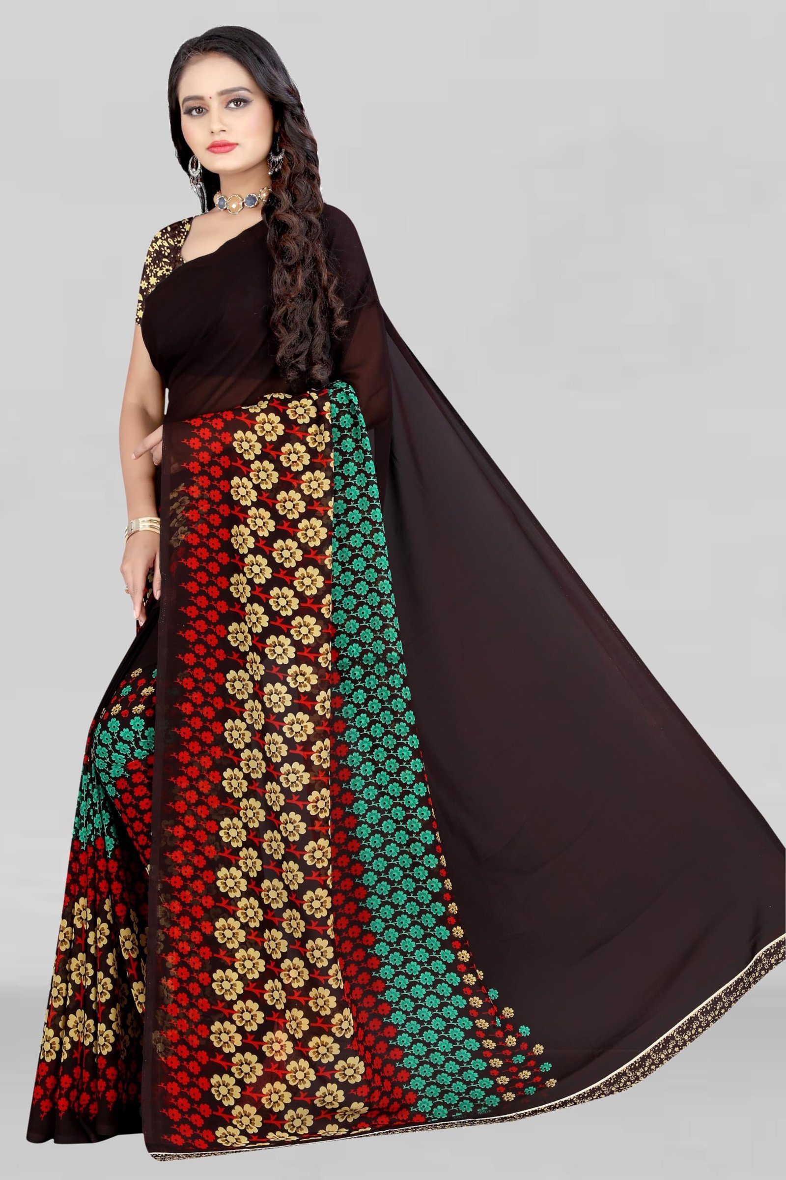 Printed Georgette Saree for Women With Unsticted Blouse Peice (Brown) (LV 193) - Image 3