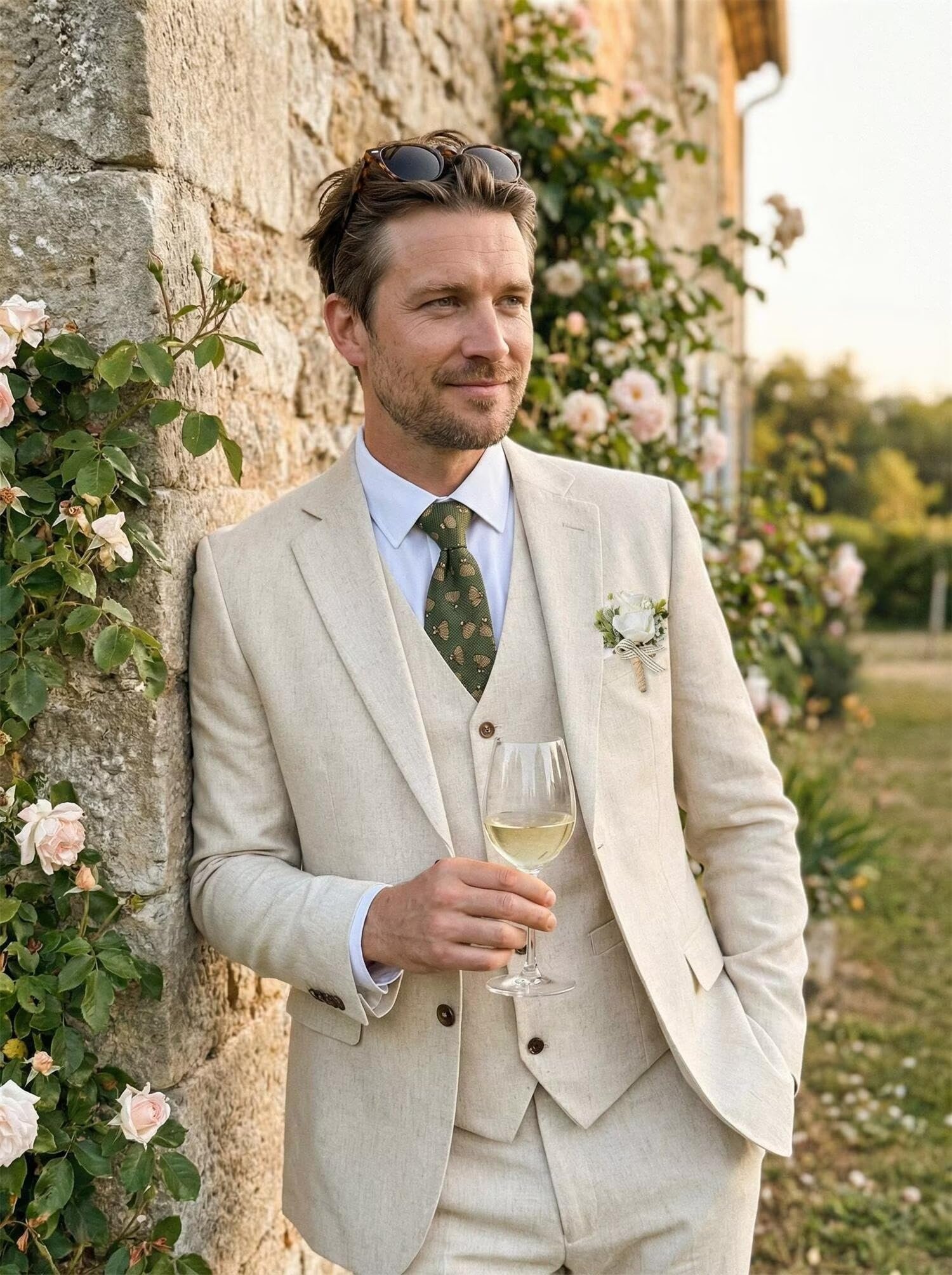 Retro Beige Linen Men Suit Casual Wedding Suit for Men Notched Lapel Slim Fit 3 Pieces Jacket Blazer Groom Tuxedo be-s