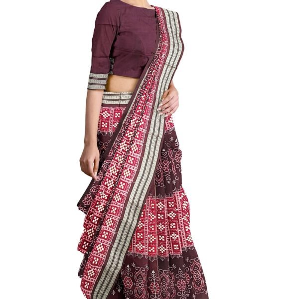 sambalpuri silk saree with blouse piece(pasapali design in maroonish red, coffee and white colors combination)