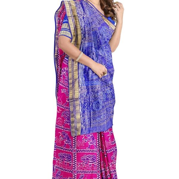 Sambalpuri Half Tissue Silk Saree with Blouse Piece, Pink Body with Annadata Design, Blue Border and Pallu with Flower Designs