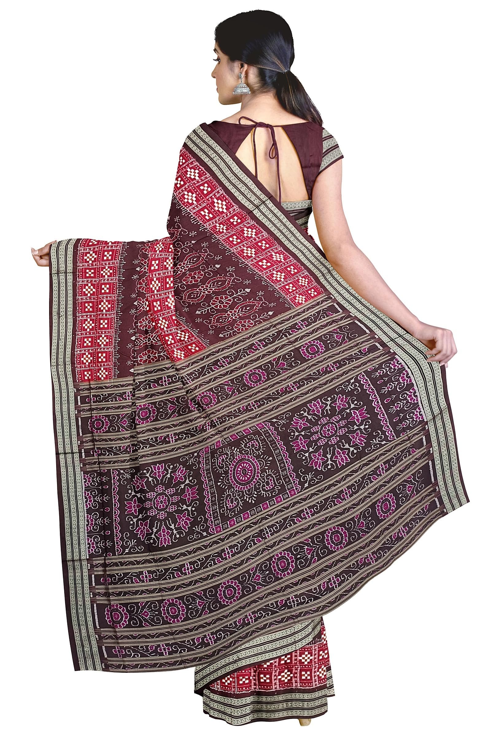 sambalpuri silk saree with blouse piece(pasapali design in maroonish red, coffee and white colors combination)