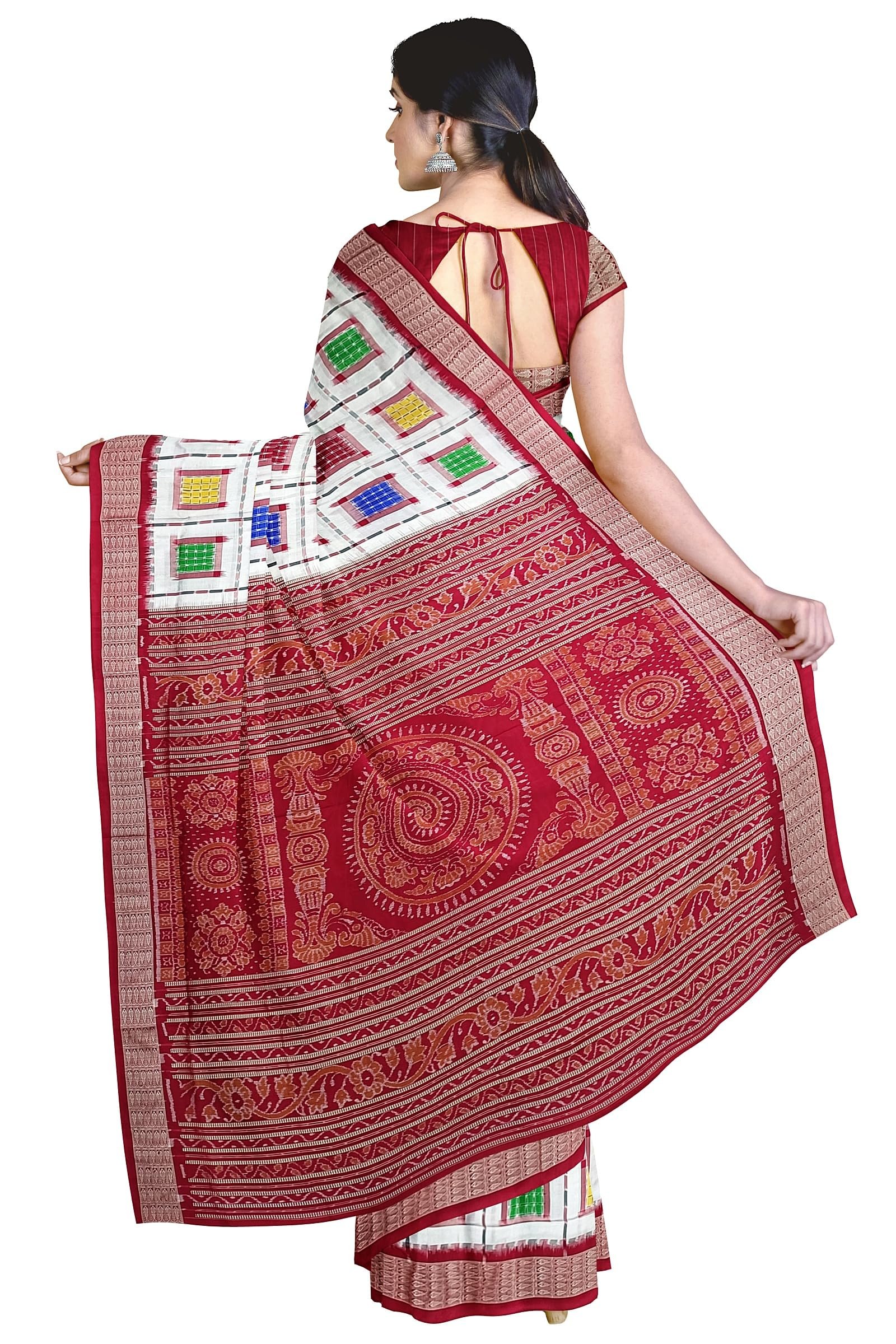 Sambalpuri Silk Saree with Blouse Piece, White with Multi Color Ashwini Design, Red Border, Traditional