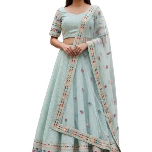 SKY Blue Multi Thread Work Semi Sttiched Lehenga Choli With Dupatta Set For Wedding