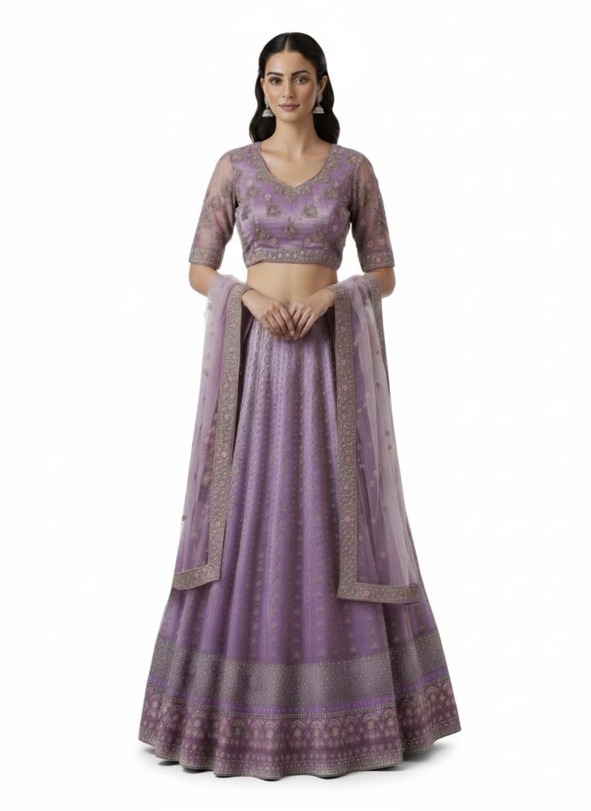 Designer Lavender Lehenga Choli Set with Embroidered Net Dupatta, Floral Embellished 3-Piece Ethnic Outfit, Trendy wear