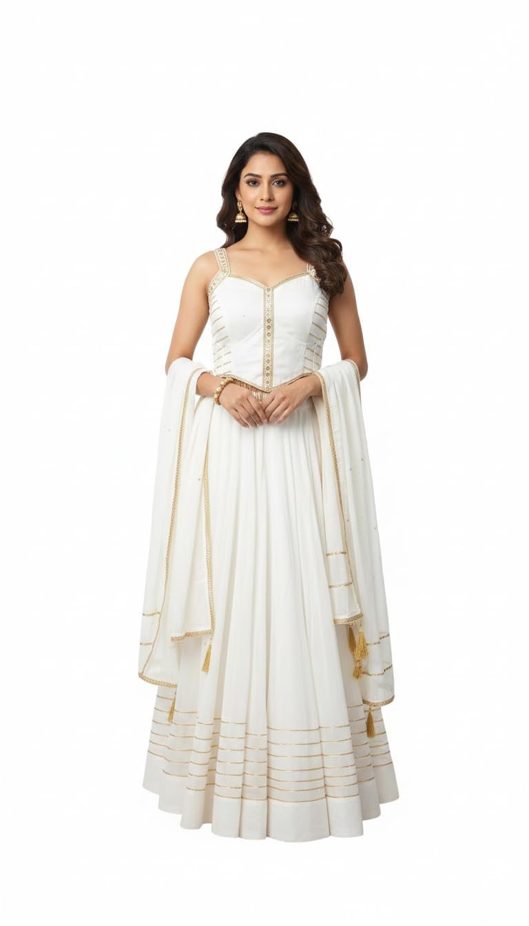 Handcrafted Jaipuri Cotton Lehenga Choli Set with Dupatta, White with Gold Trim, Embellished Straps, Floral Motifs, Traditional Indian Ethnic Wear - Image 5