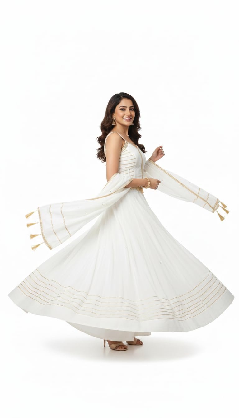 Handcrafted Jaipuri Cotton Lehenga Choli Set with Dupatta, White with Gold Trim, Embellished Straps, Floral Motifs, Traditional Indian Ethnic Wear - Image 6