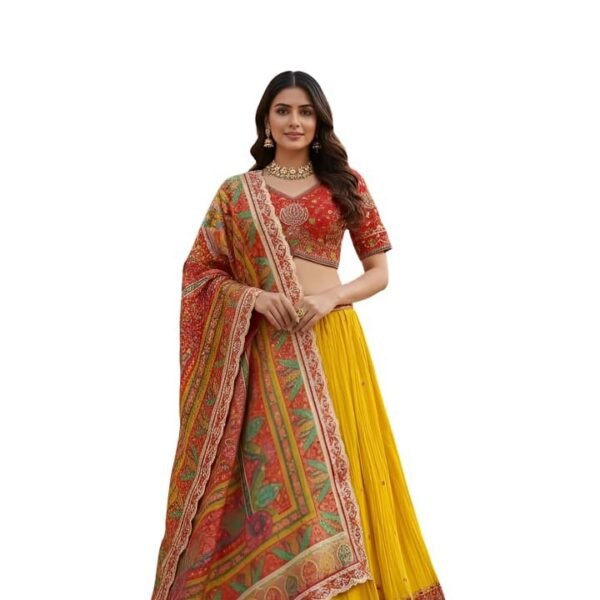 Women's Lehenga Choli Set, Yellow and Red, Embroidered Silk, 3-Piece Outfit