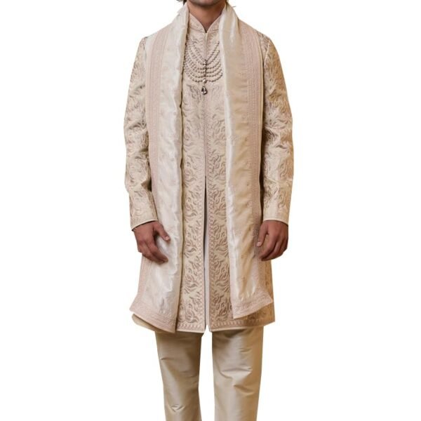 Cream Embroidered Sherwani With Java Detailing