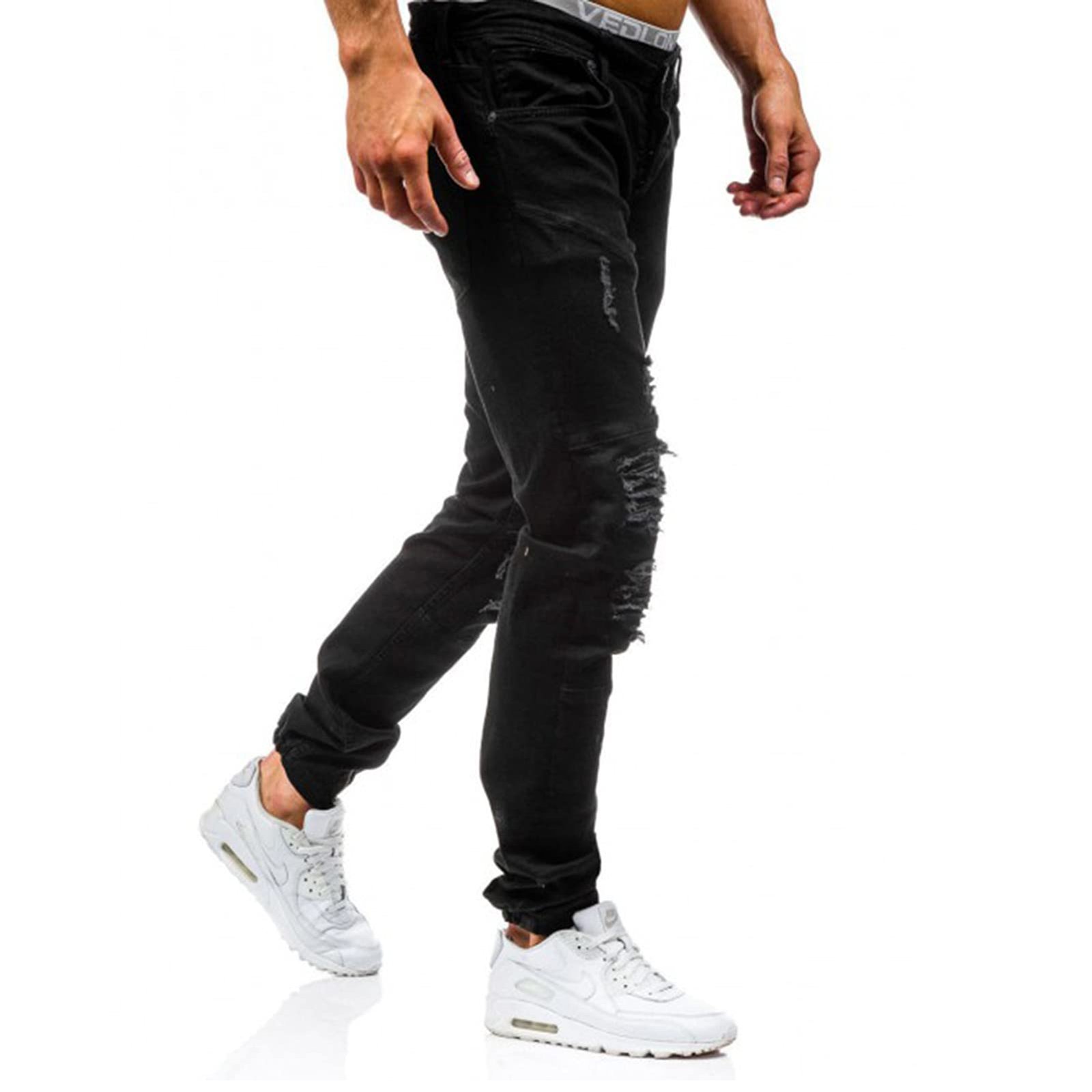 Men Cotton Jeans Broken Hole Worn Out Fashion Casual Long Pants-Layfoo