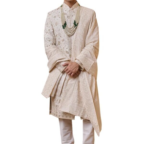 Ivory Sherwani In Thread And Gota Work| Size: M