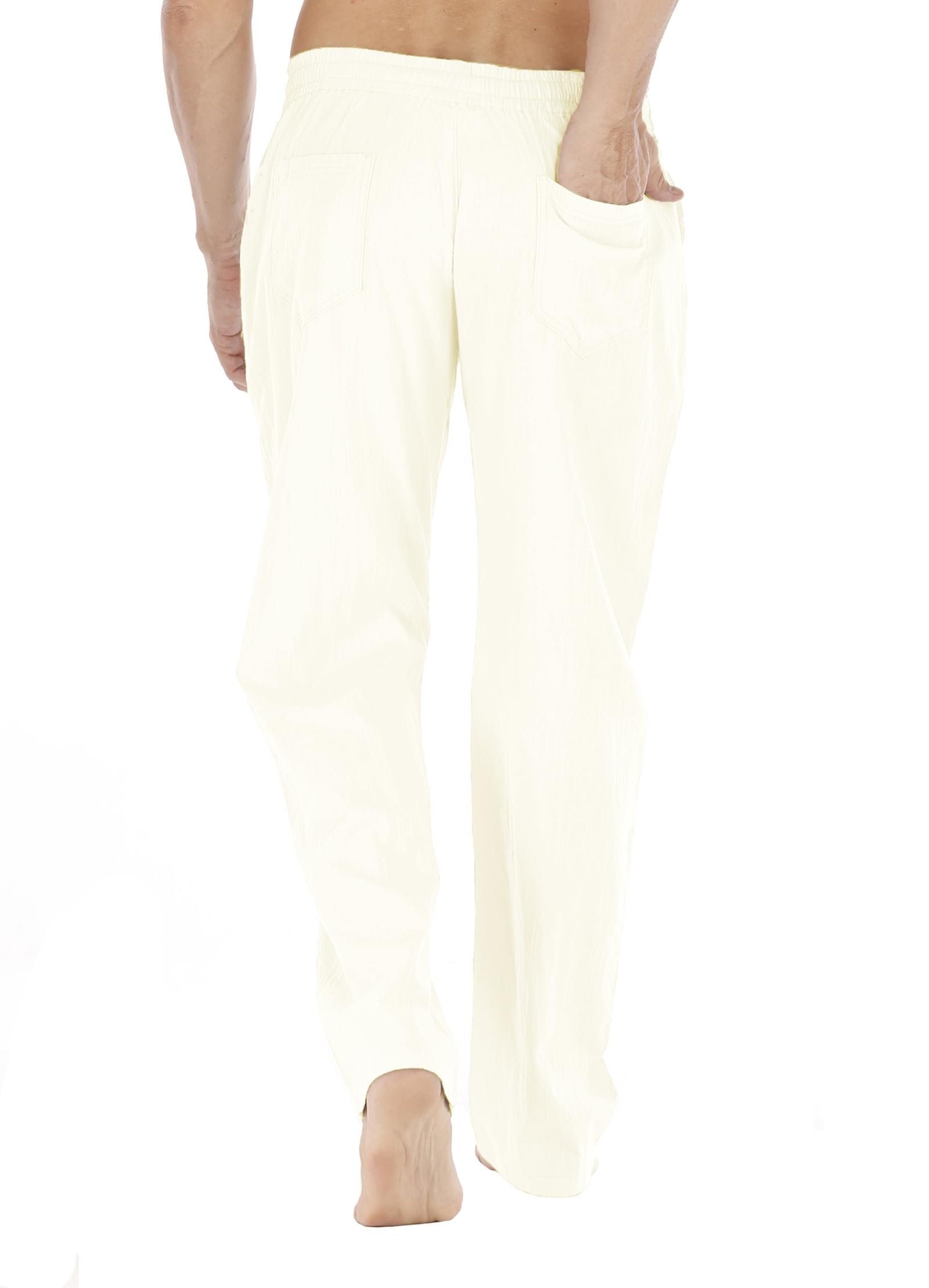 Mens Loose Fit Linen Pants Casual Lightweight Drawstring Stretch Cotton Linen Pants for Men Summer Beach, Beige, Large