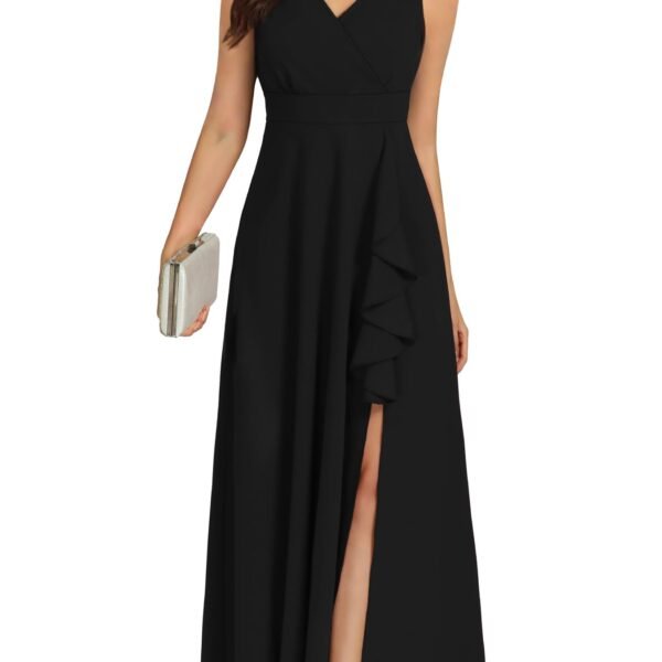 Women's Black Long Formal Dresses Cocktail Wedding Guest Dress Ruffle Split Elegant V Neck Party Gowns, Sleeveless Black-t30, X-Large