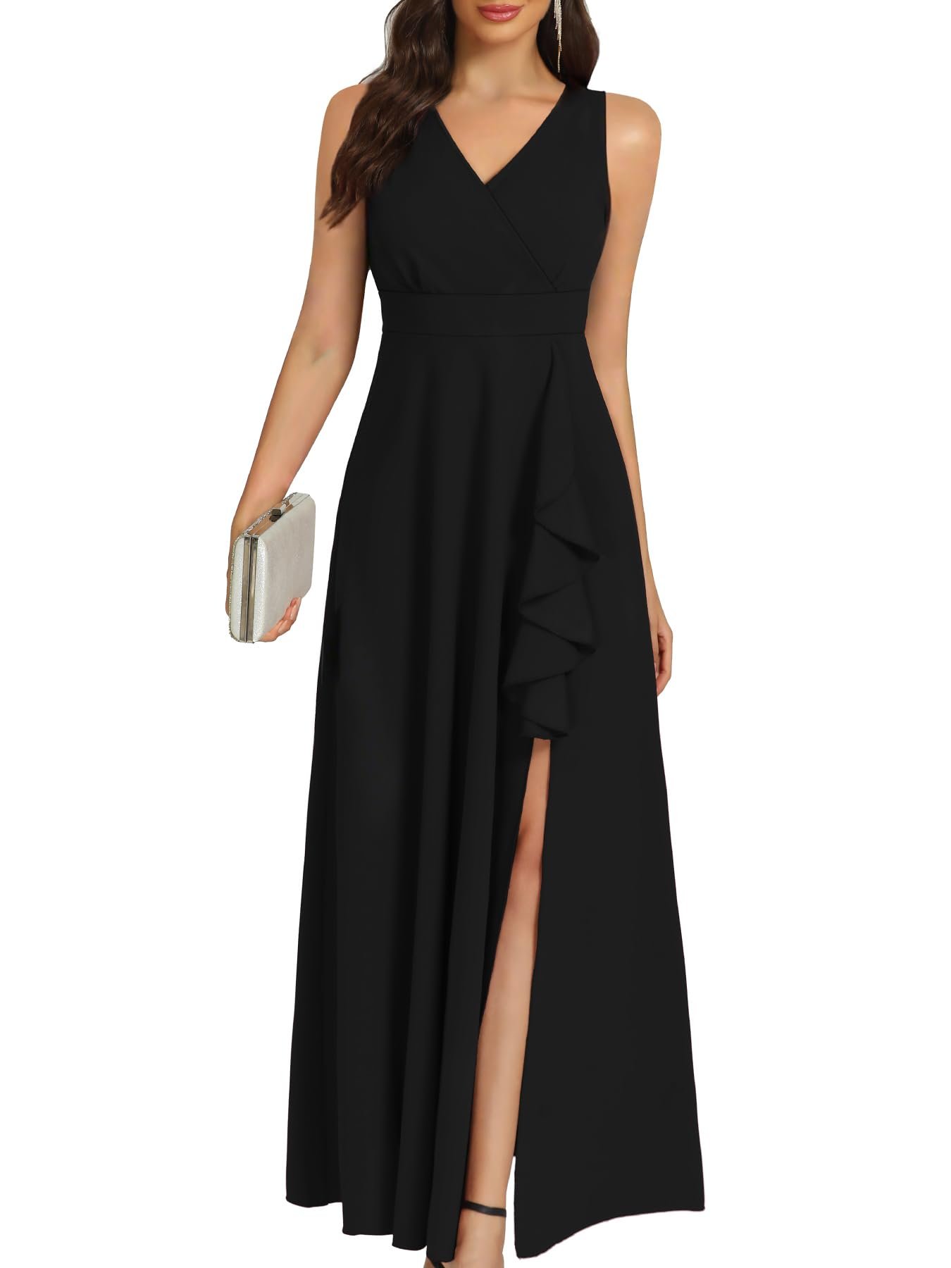 Women's Black Long Formal Dresses Cocktail Wedding Guest Dress Ruffle Split Elegant V Neck Party Gowns, Sleeveless Black-t30, X-Large