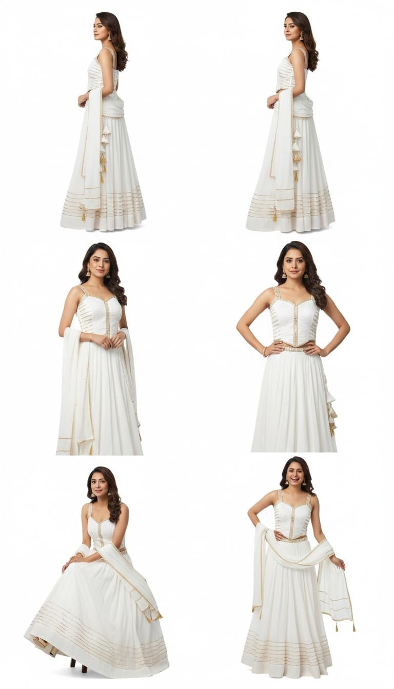 Handcrafted Jaipuri Cotton Lehenga Choli Set with Dupatta, White with Gold Trim, Embellished Straps, Floral Motifs, Traditional Indian Ethnic Wear
