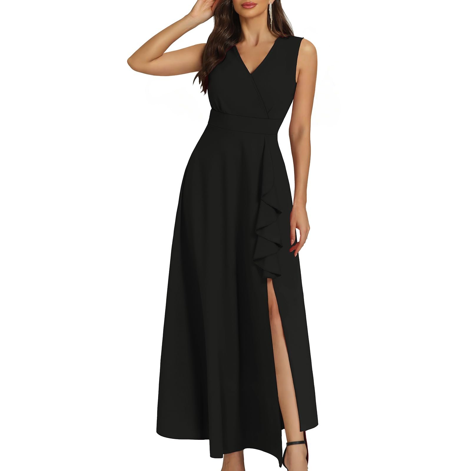 Women's Black Long Formal Dresses Cocktail Wedding Guest Dress Ruffle Split Elegant V Neck Party Gowns, Sleeveless Black-t30, X-Large - Image 6