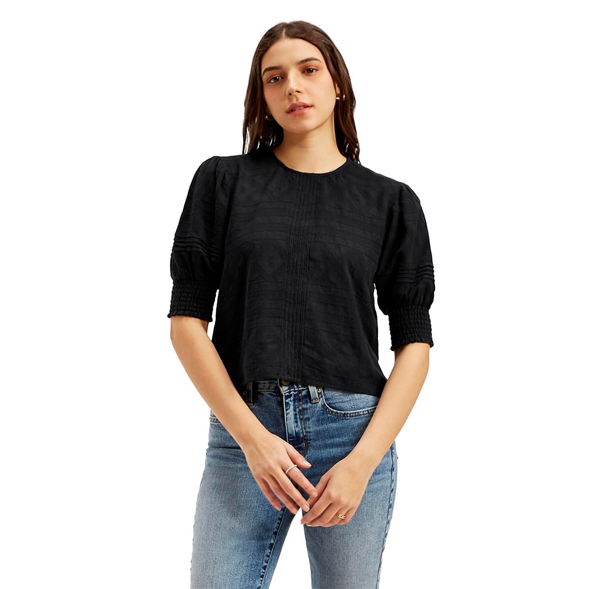 Women's Textured Black Round Neck Top