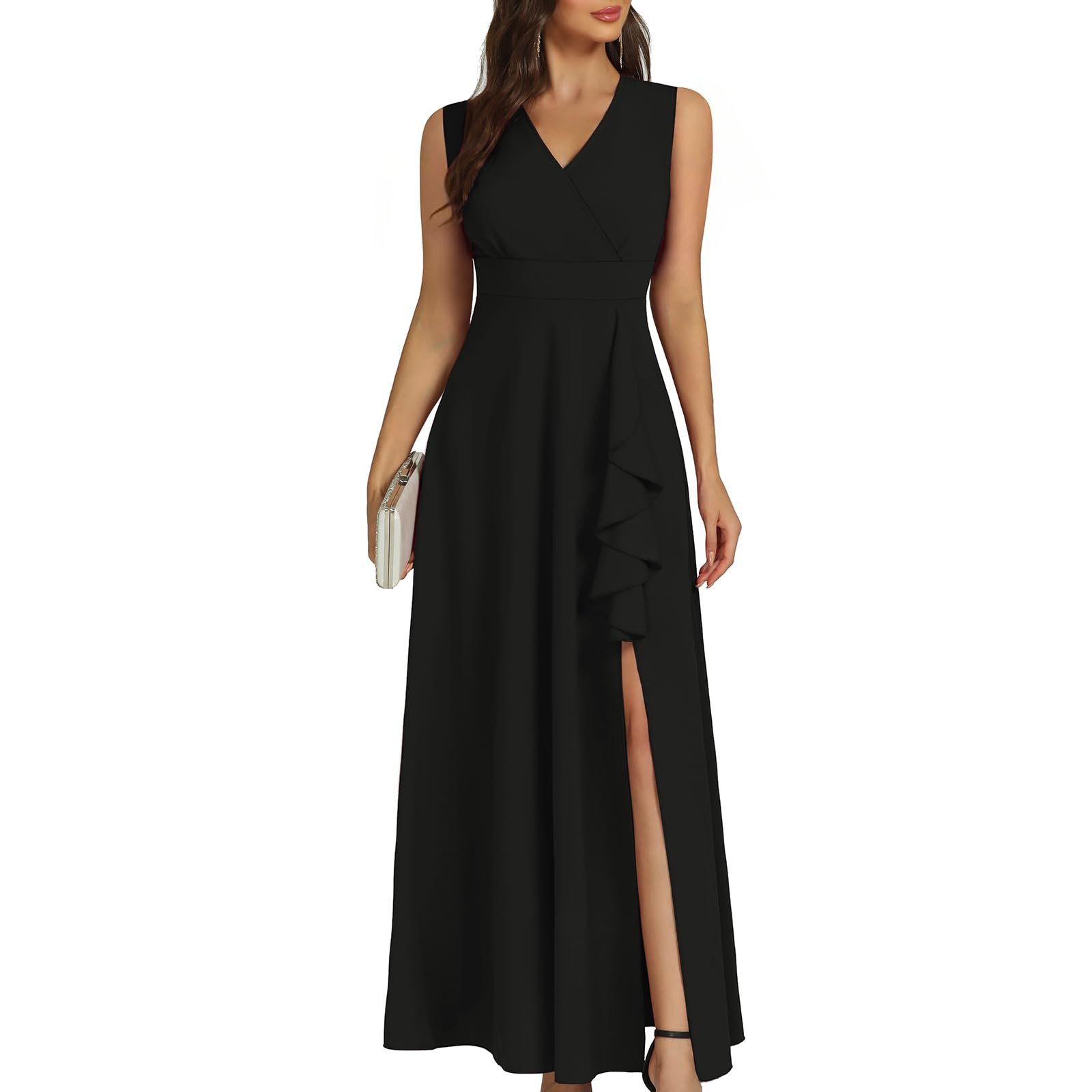 Women's Black Long Formal Dresses Cocktail Wedding Guest Dress Ruffle Split Elegant V Neck Party Gowns, Sleeveless Black-t30, X-Large - Image 7