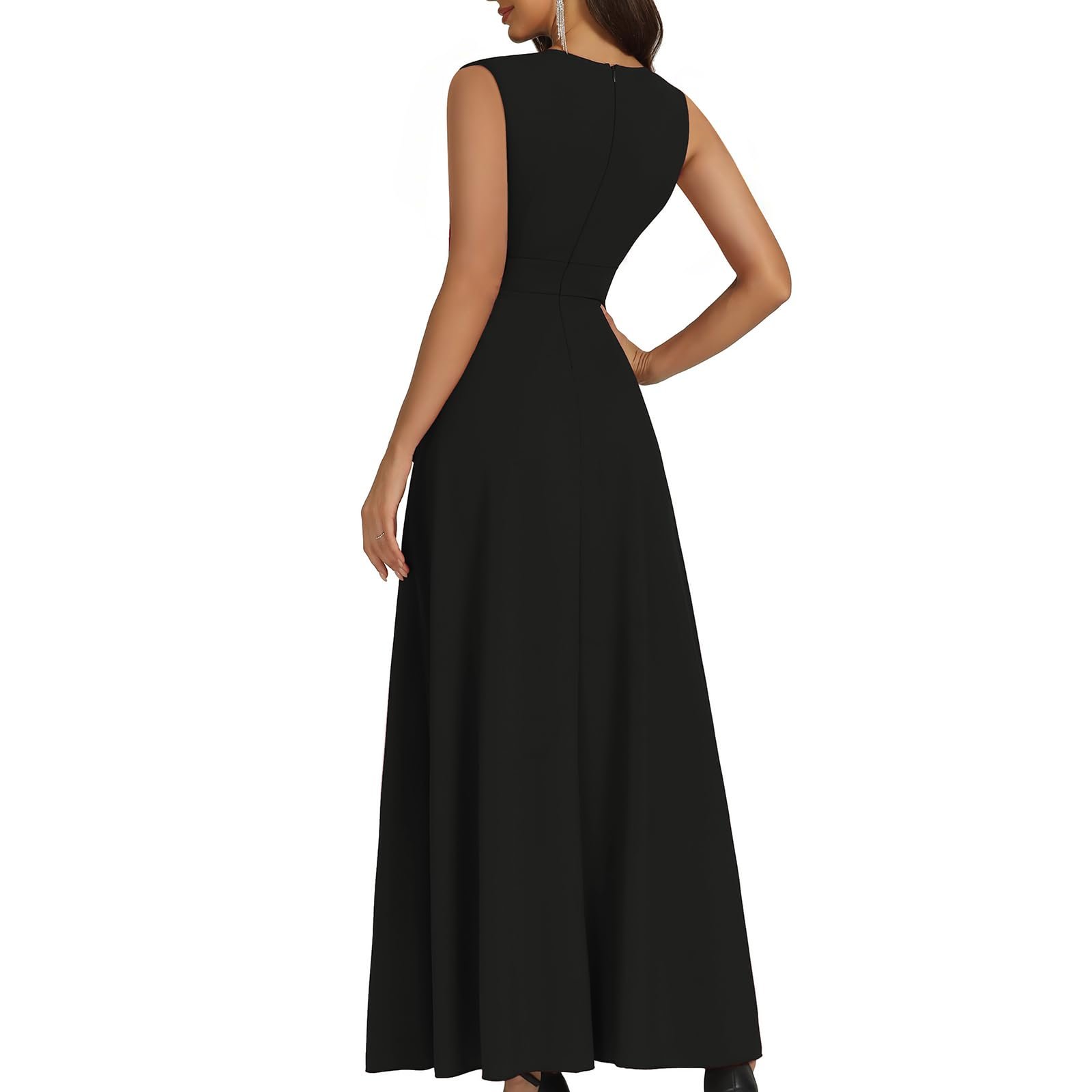 Women's Black Long Formal Dresses Cocktail Wedding Guest Dress Ruffle Split Elegant V Neck Party Gowns, Sleeveless Black-t30, X-Large - Image 3