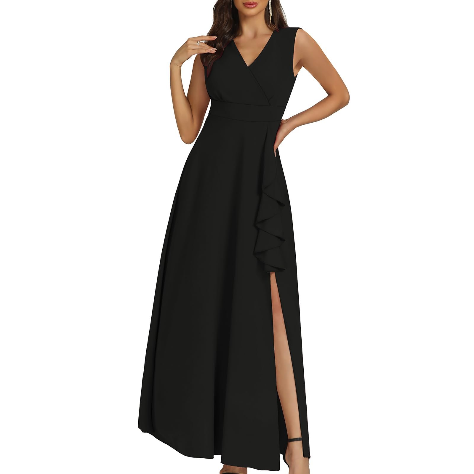 Women's Black Long Formal Dresses Cocktail Wedding Guest Dress Ruffle Split Elegant V Neck Party Gowns, Sleeveless Black-t30, X-Large - Image 8
