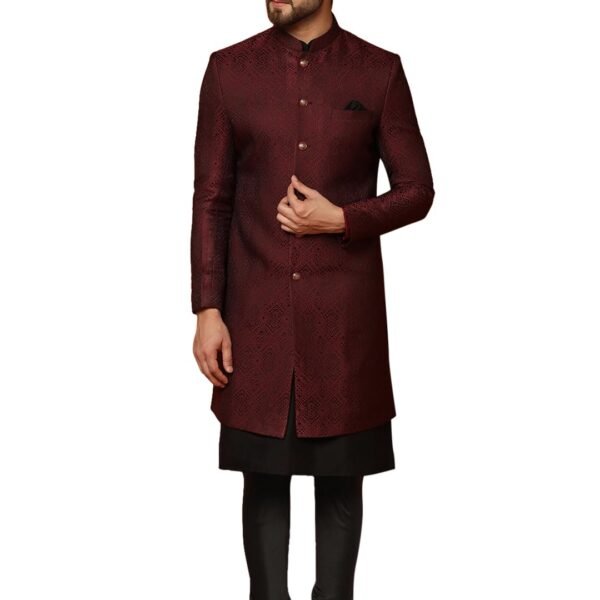 Mens Kurta Sherwani Churidar Set Silk Blend Jacquard, Indo-Western Ethnic Wear for Men, Maroon, 36