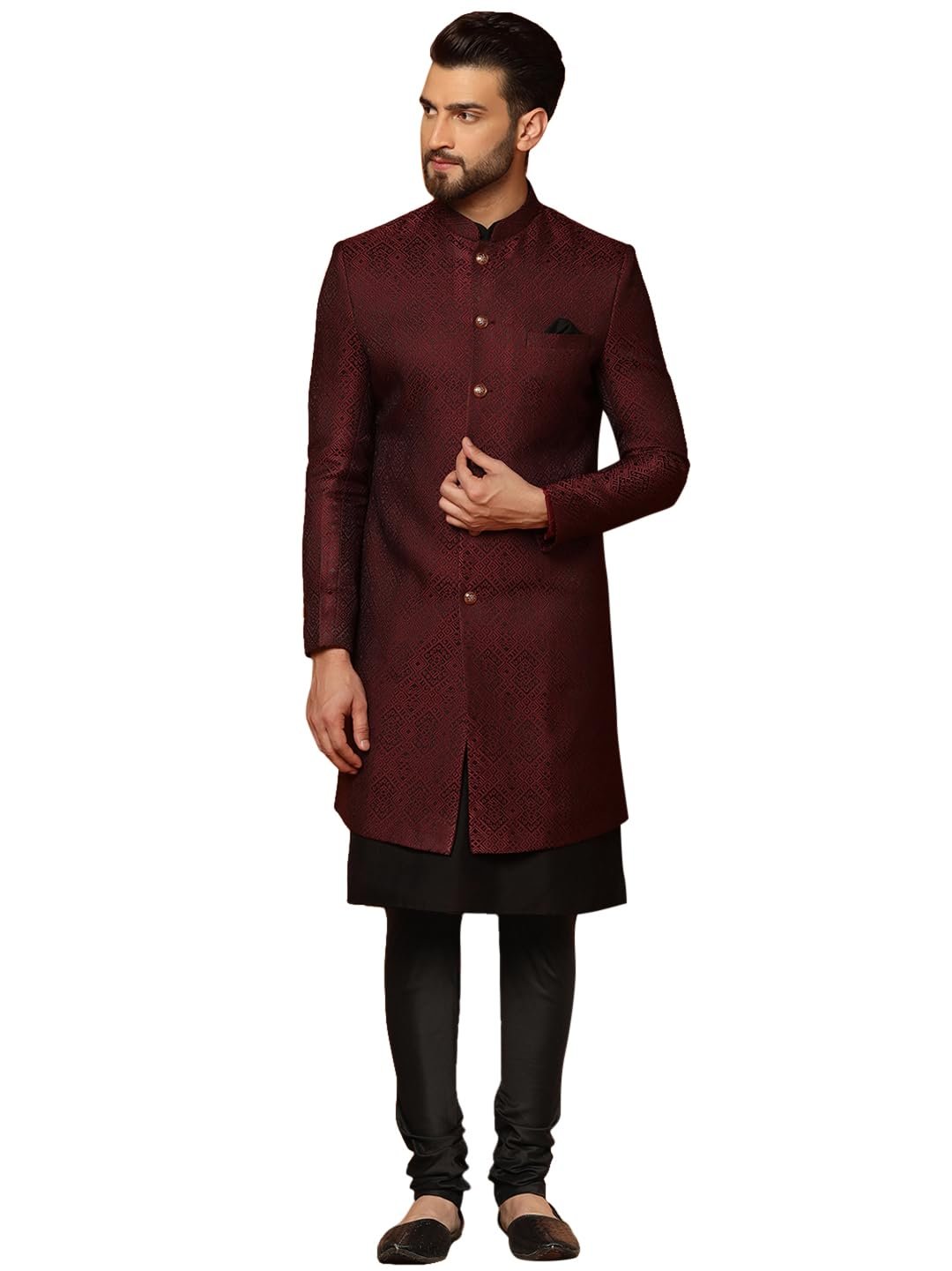 Mens Kurta Sherwani Churidar Set Silk Blend Jacquard, Indo-Western Ethnic Wear for Men, Maroon, 36