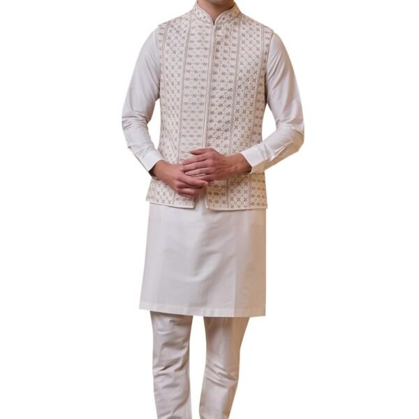 Ivory All Over Embroidered Kurta Bundi Set| Size: S