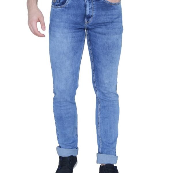 Light Blue Color Cloud Washed Structured Stretchable Denim Fabric Retro Styled 5 Pocket Mid Waist Regular Fit Jeans Pant for Men