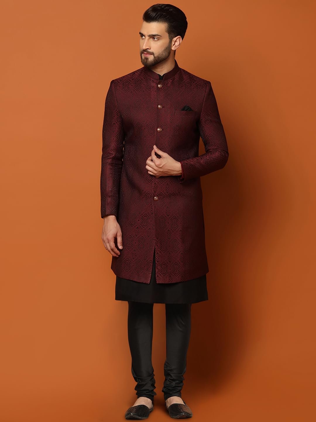 Mens Kurta Sherwani Churidar Set Silk Blend Jacquard, Indo-Western Ethnic Wear for Men, Maroon, 36