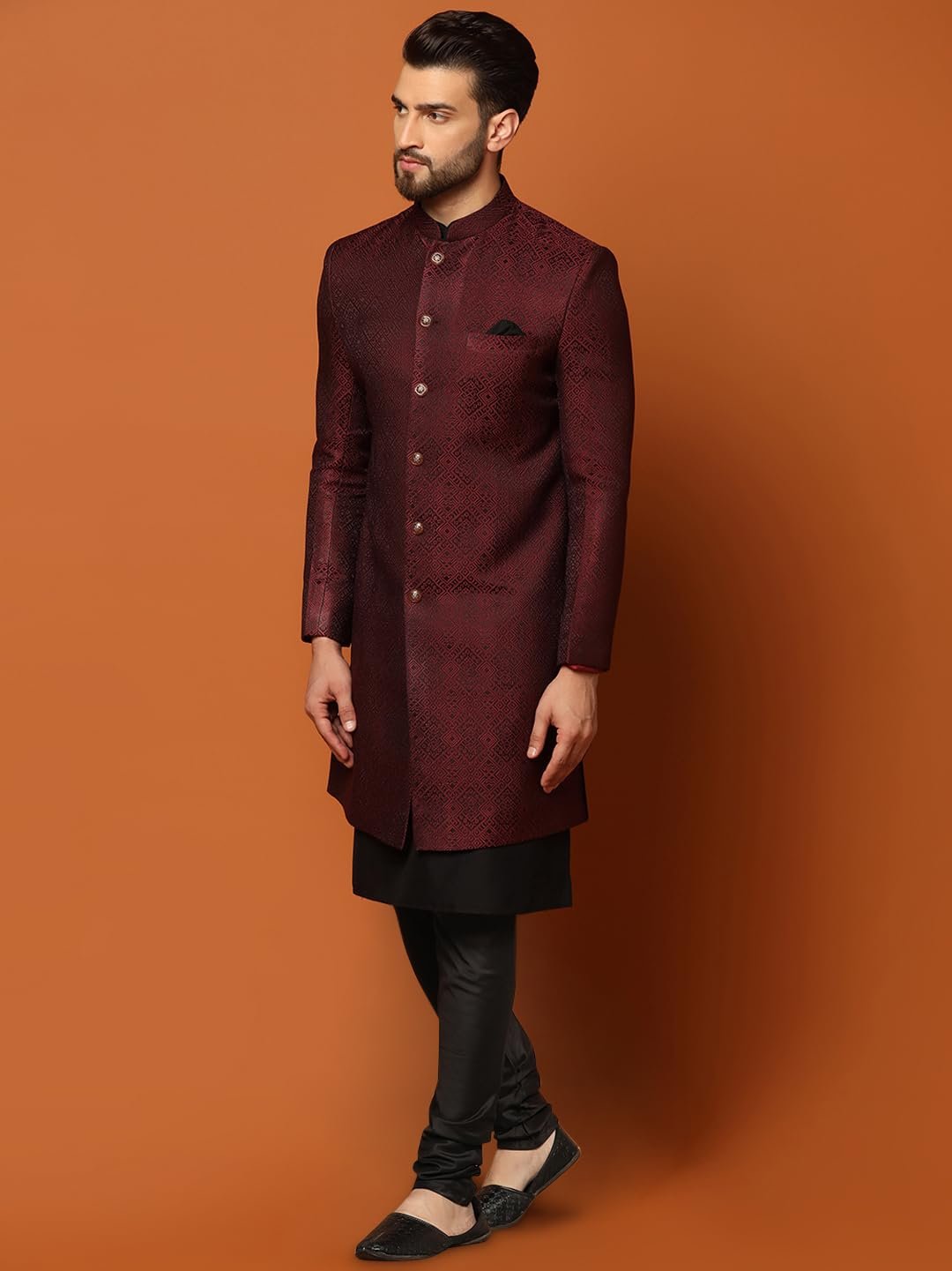 Mens Kurta Sherwani Churidar Set Silk Blend Jacquard, Indo-Western Ethnic Wear for Men, Maroon, 36 - Image 4