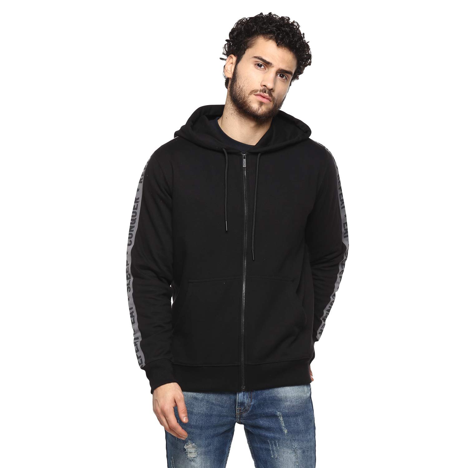 Men’s Cotton Blend Regular Fit Hooded Sweatshirt | Tape Detail (Black)