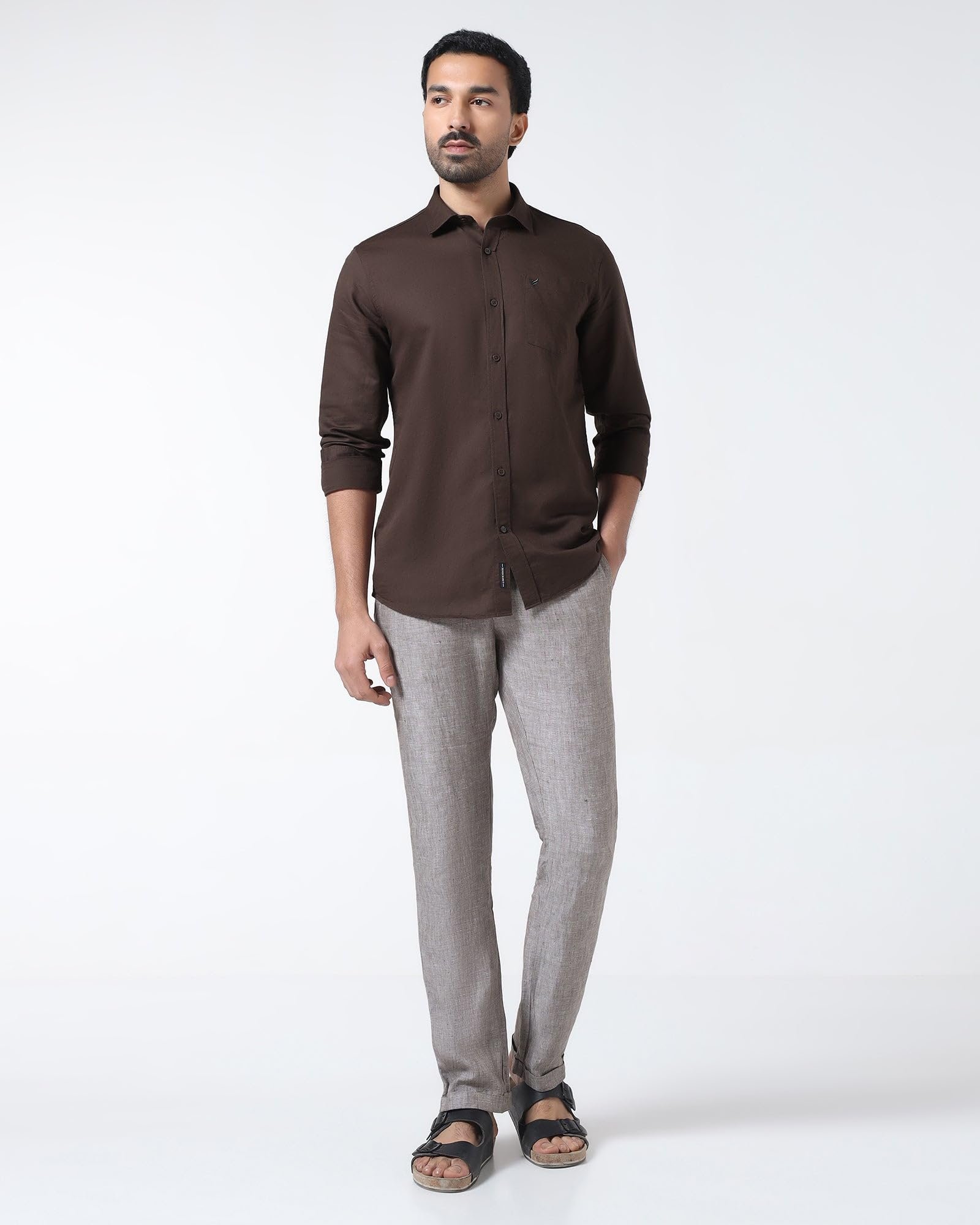 Men's Linen Blend Solid Dark-Brown Slim-Fit Casual Shirts - Image 3