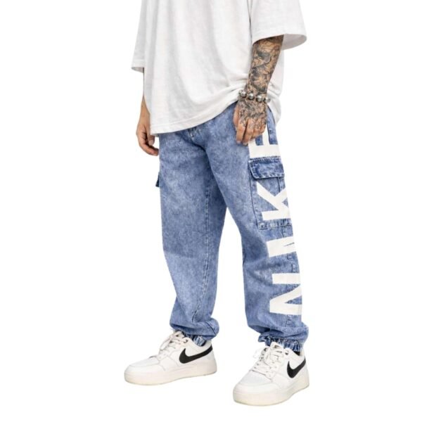 Mens Printed Cargo Jogger Jeans | Relaxed Fit Mid Rise Stretch Denim Pants | Streetwear Multi Pocket Cargo Jeans with Elastic Cuff | Button & Zip Closure LIGHTBLUE