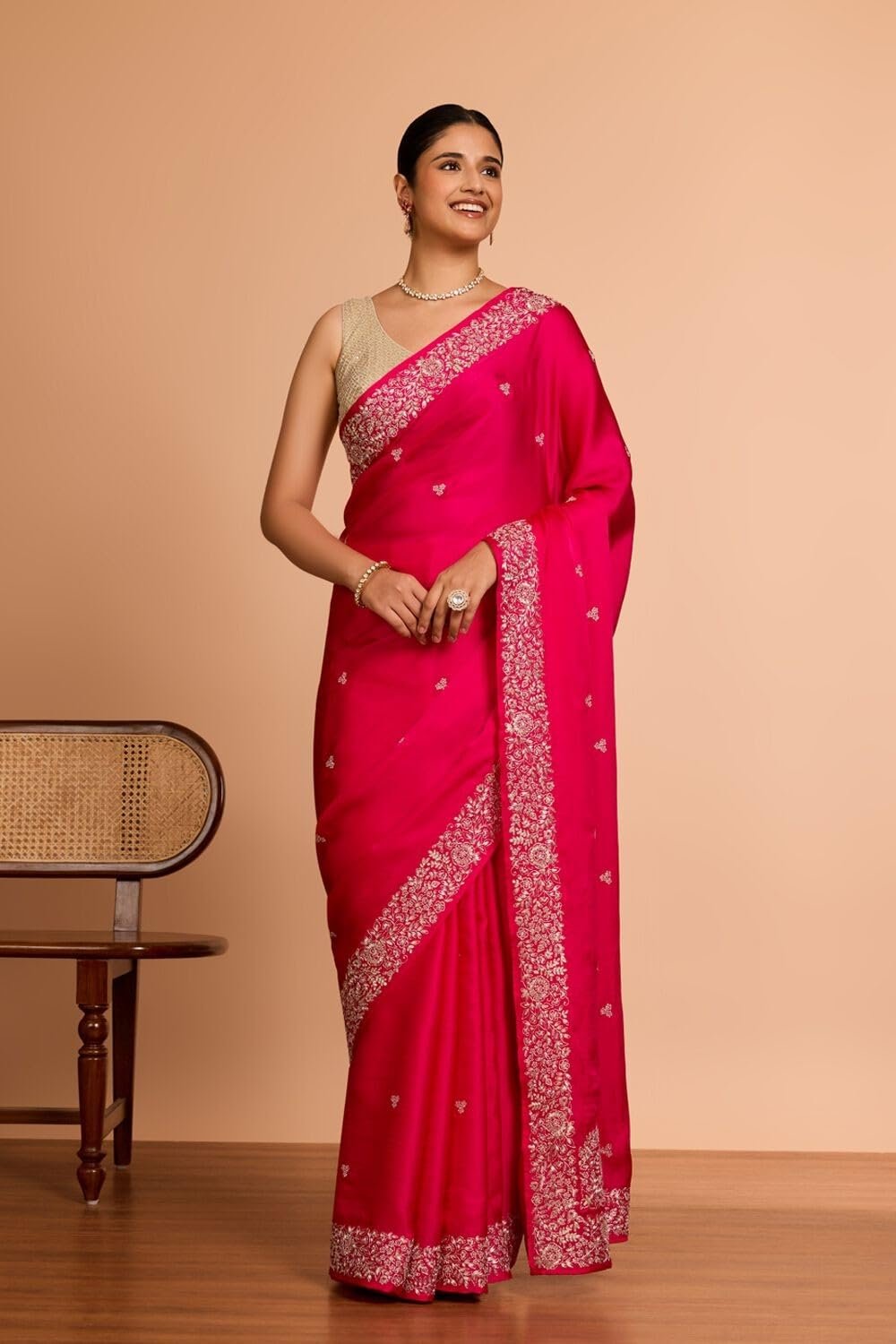 Women Pink Viscose Satin Embroidered Saree with Unstitched Blouse Piece (SAPP09AC5305-Pink)