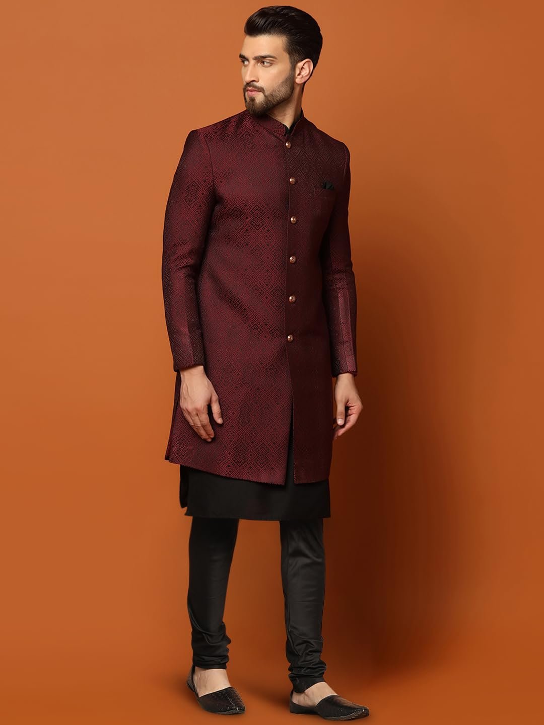 Mens Kurta Sherwani Churidar Set Silk Blend Jacquard, Indo-Western Ethnic Wear for Men, Maroon, 36 - Image 3