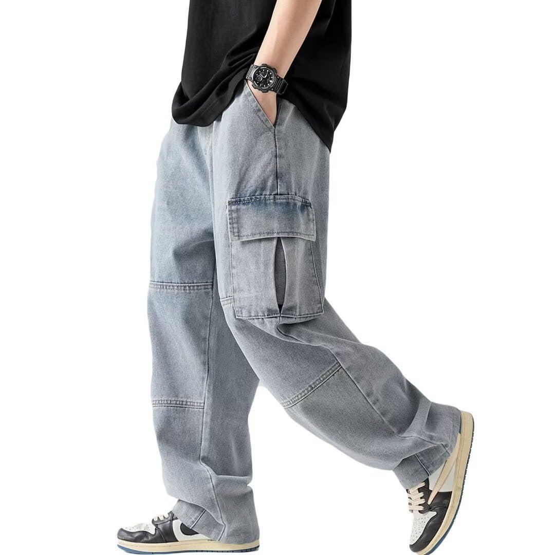 Men's Denim Cargo Pants, Wide Jeans, Loose Fit, Street, Denim Pants, Work Trousers, Long, American Casual, Work Pants, Jeans, Large Size, Fashion, blue, 3XL
