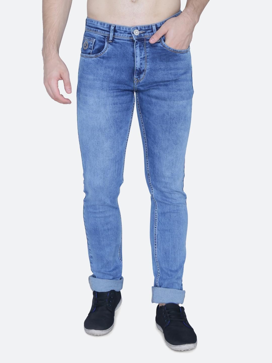 Light Blue Color Cloud Washed Structured Stretchable Denim Fabric Retro Styled 5 Pocket Mid Waist Regular Fit Jeans Pant for Men