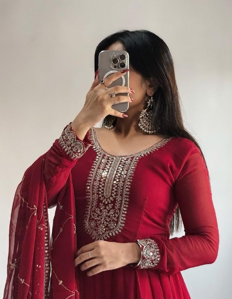 Miss Ethnic Hub's Red Color Traditional Anarkali Gown with Dupatta, Golden Zari Embroidered, Long Sleeves, Women (in, Alpha, Regular, Red) - Image 5