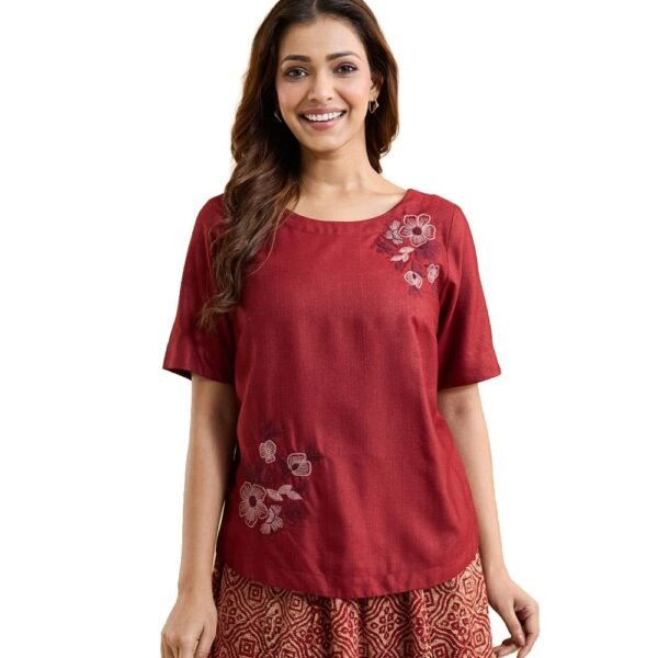 Maroon Viscose Silk Hand Embroidered Arcadian Top