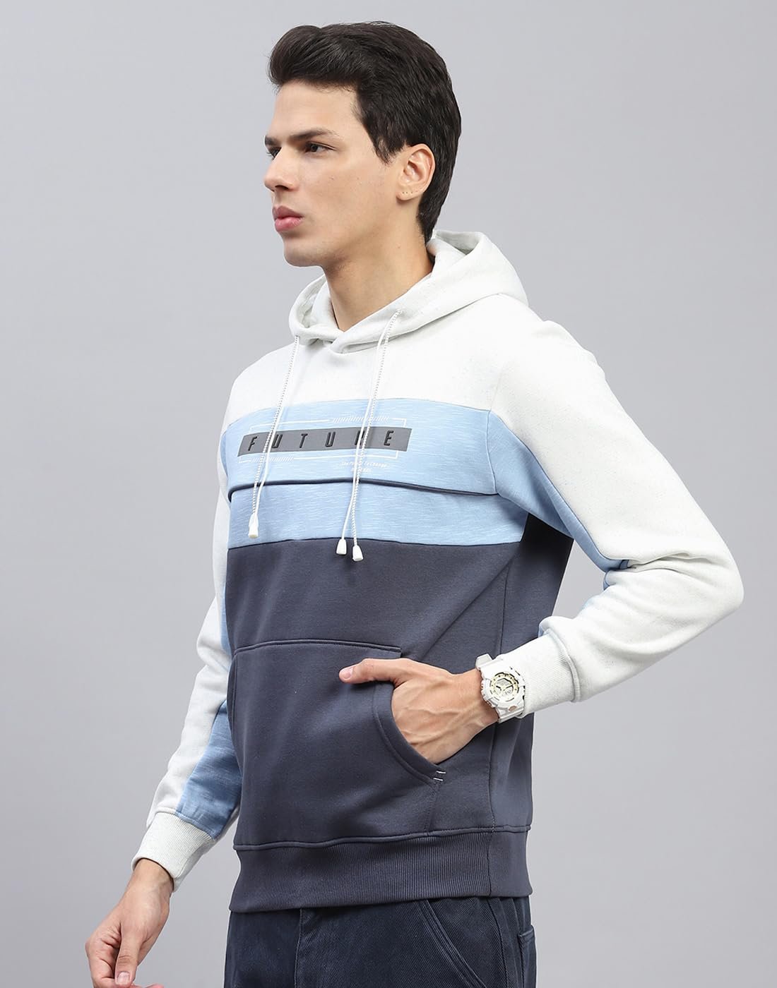 Mens Printed White & Blue Hooded Neck Full Sleeve Sweatshirt (224066316-1-42)