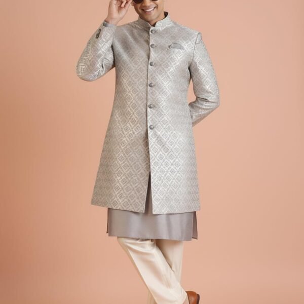 Men’s Kurta Sherwani Trouser Set – Jacquard Silk Blend Traditional Outfit for Men - Festive & Wedding Ethnic Wear - Elegant & Comfortable
