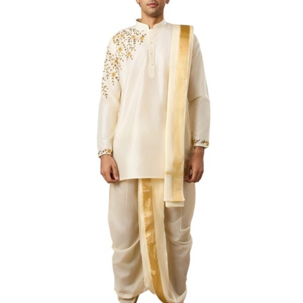 Men's Embroidered & Sequinned Kurta Dhoti Dupatta Set (Cream)