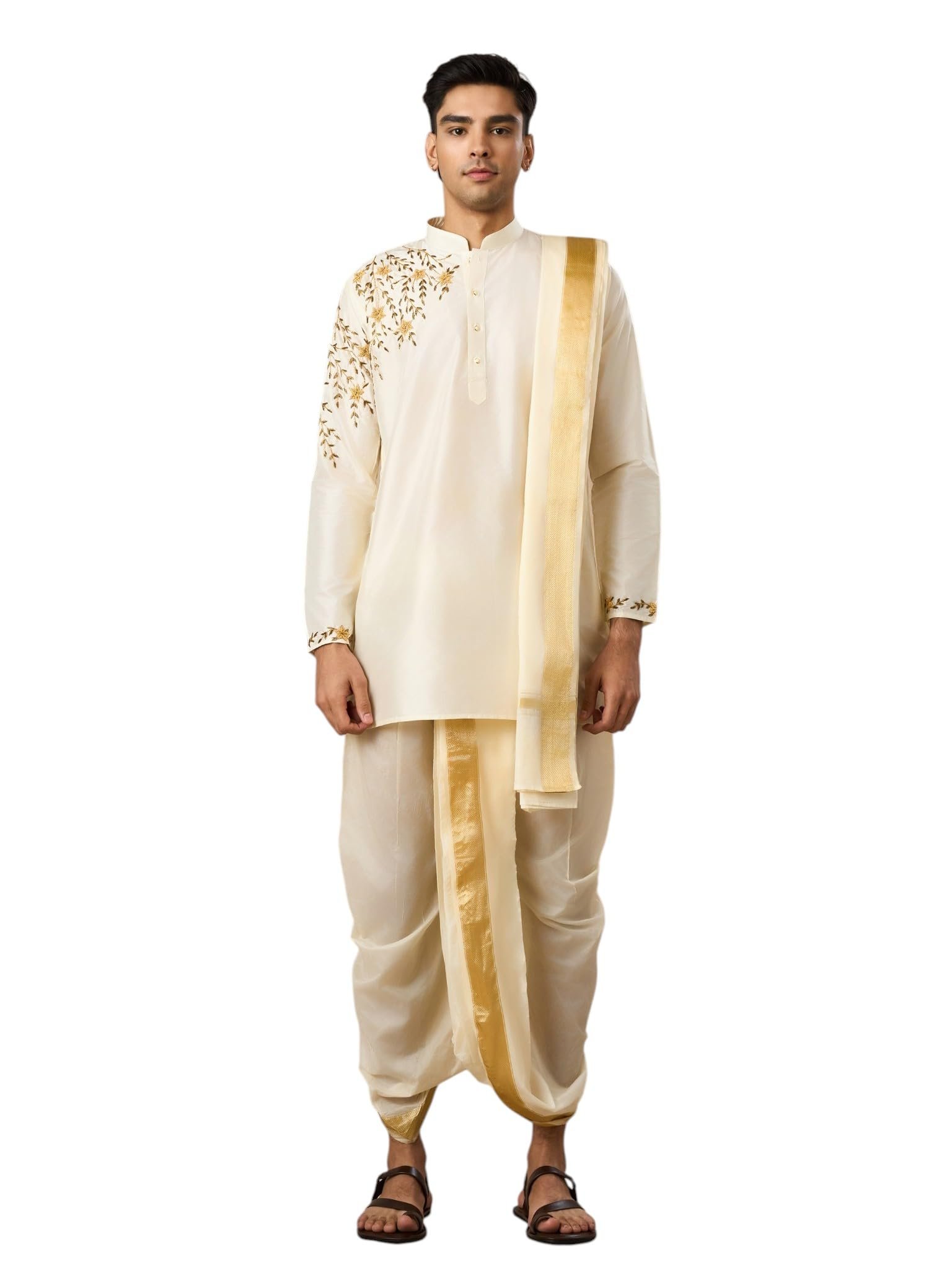 Men's Embroidered & Sequinned Kurta Dhoti Dupatta Set (Cream)