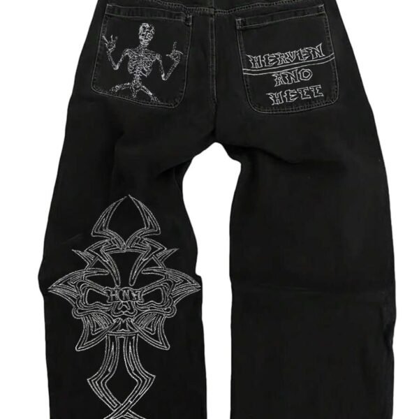 Y2K Beggy Jeans Men's Denim Pants Skull Embroidery Gothic Jeans Straight Wide Leg Trouser Hip Hop Streetwear, Black-white, M