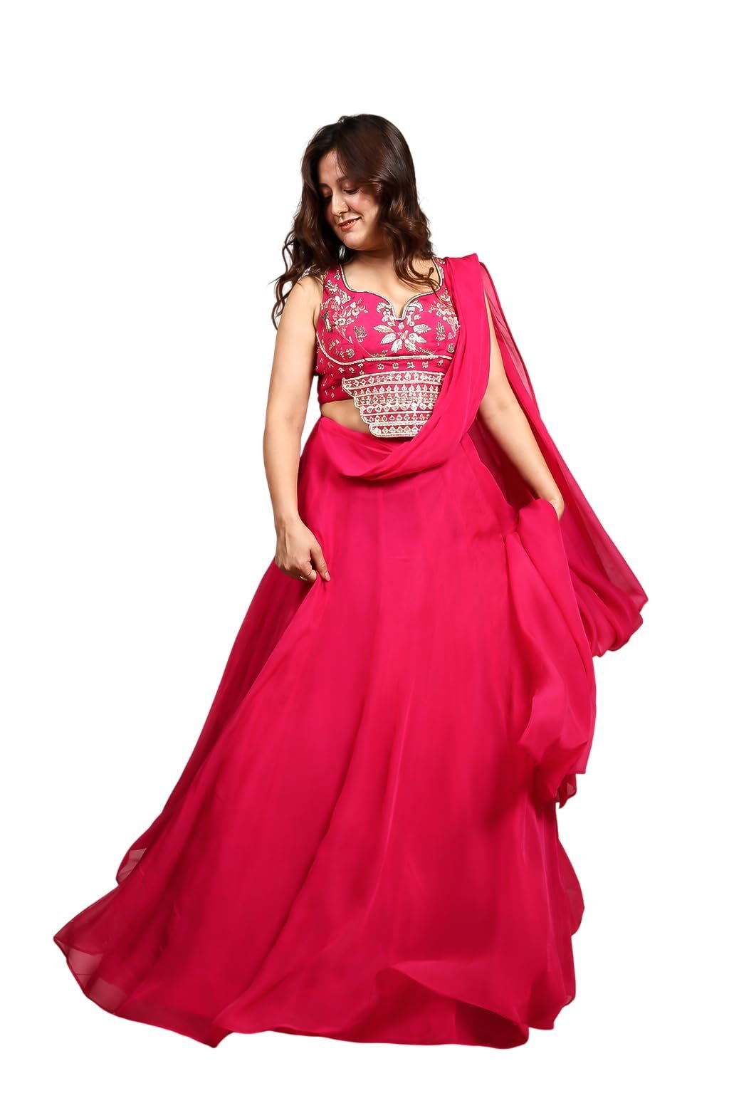 Khushi Chauhan Fuchsia Bloom Designer Lehenga for Women | Hot Pink Flared Lehenga | Sequence Zari Pearl Beadwork | Ethnic Wear | Size M