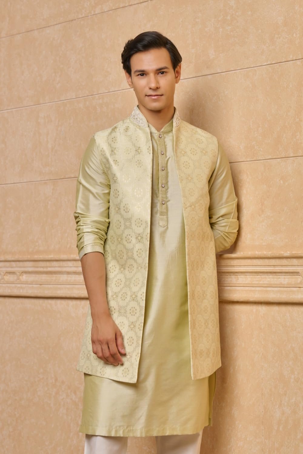 Light Green Long Open Kurta Bundi Set | ETHNIC WEAR | Light Green | XL