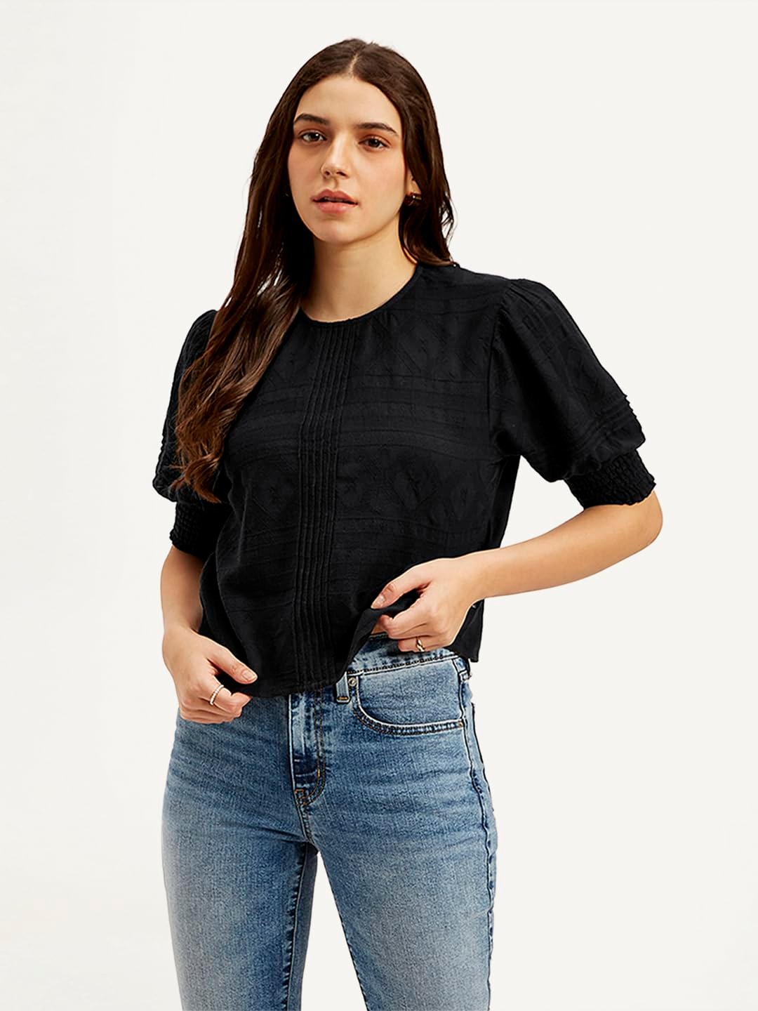 Women's Textured Black Round Neck Top - Image 5