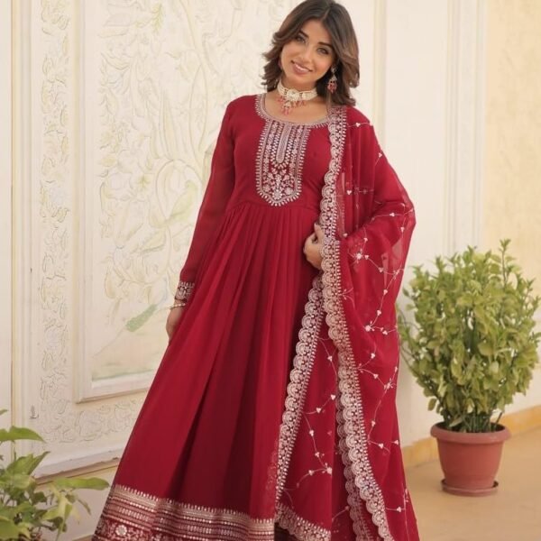 Girl's Fashion Hub's Traditional Anarkali Gown with Dupatta Set, Full Length Gown, Wedding (in, Alpha, 3XL, Regular, Maroon)