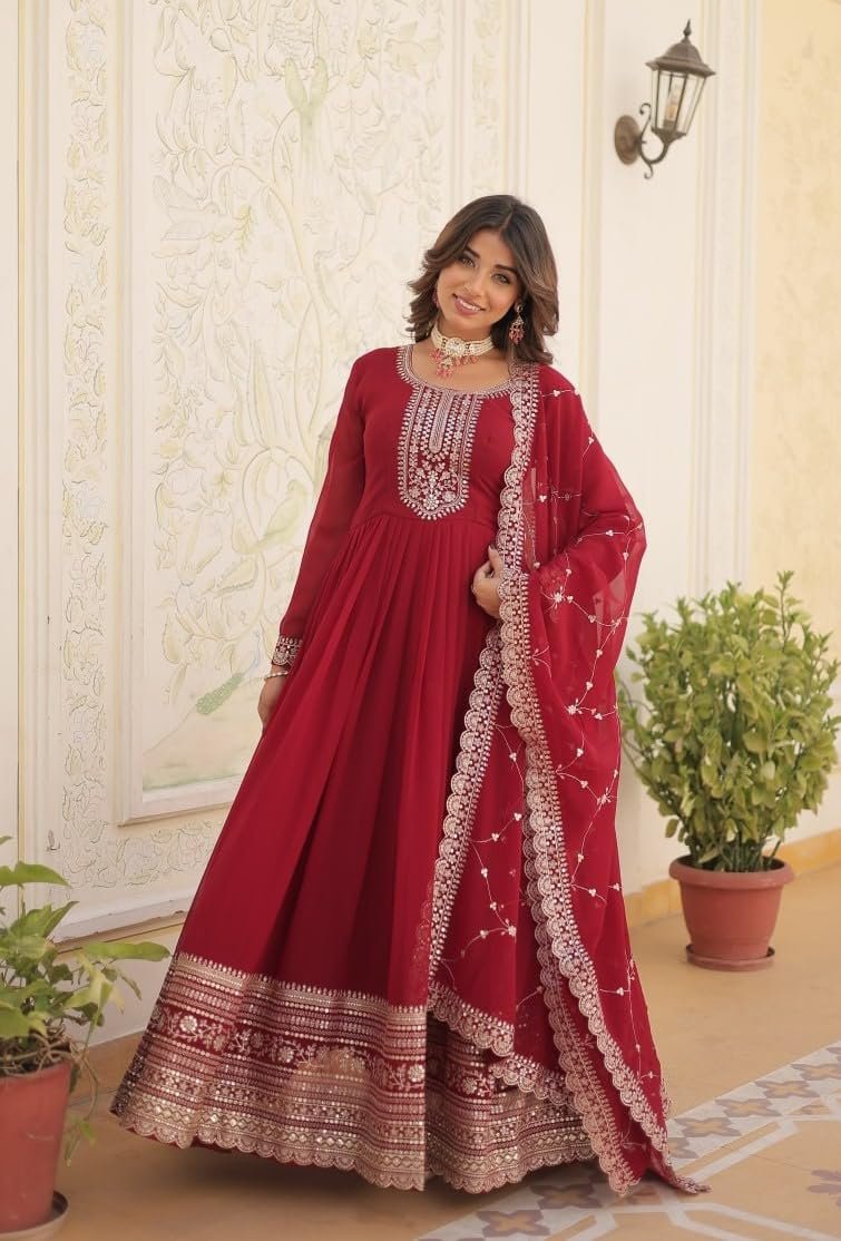 Girl's Fashion Hub's Traditional Anarkali Gown with Dupatta Set, Full Length Gown, Wedding (in, Alpha, 3XL, Regular, Maroon)